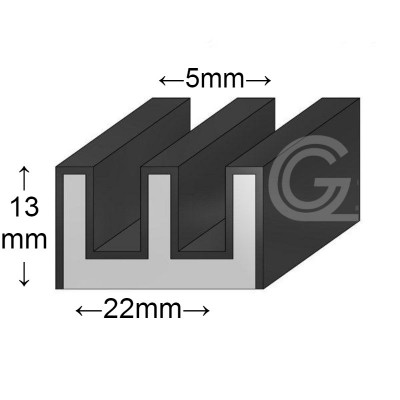 Raamloopprofiel Dubbel | EPDM gevlokt | zwart | binnenmaat 5 mm | 22 x 13 mm | rol 20 meter